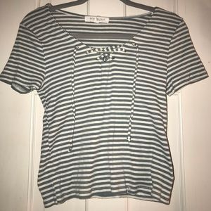 Green and white striped tie up shirt